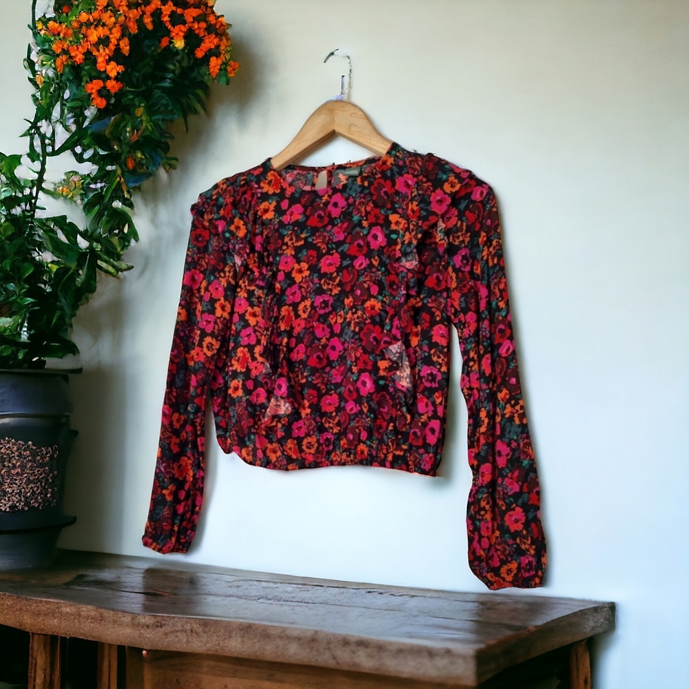 Bohemian Women Long Sleeve Floral Multicolor Blouse Size M 🤎 Wild Fable
